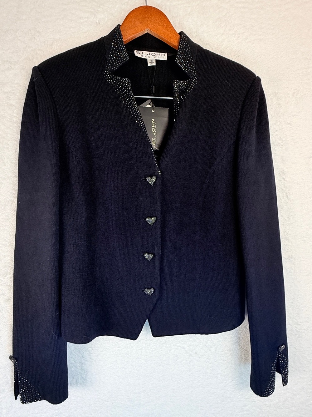 St John BLACK Knit Sparkle evening Jacket Blazer Heart Buttons NWT 10